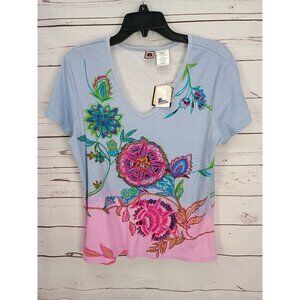 Forbidden Embellished Floral‎ XL Cotton V-Neck T-Shirt